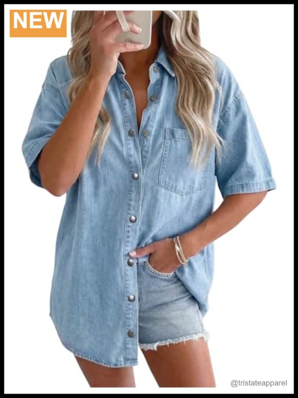 Women's Soft Stretch Denim Shirt Short Sleeve Oversized Trendy Casual